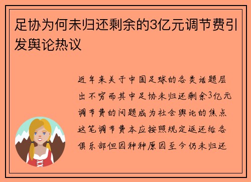 足协为何未归还剩余的3亿元调节费引发舆论热议