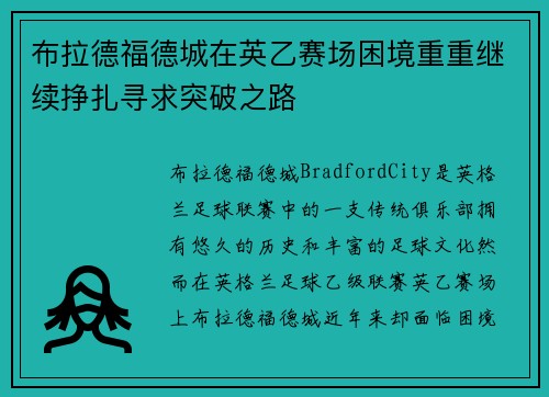 布拉德福德城在英乙赛场困境重重继续挣扎寻求突破之路